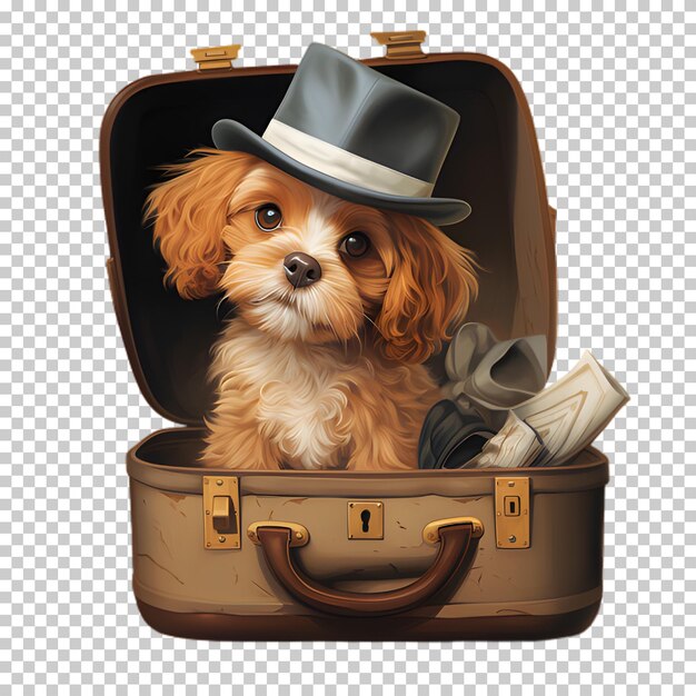 PSD 透明な背景に隔離されたスーツケースに座っている犬