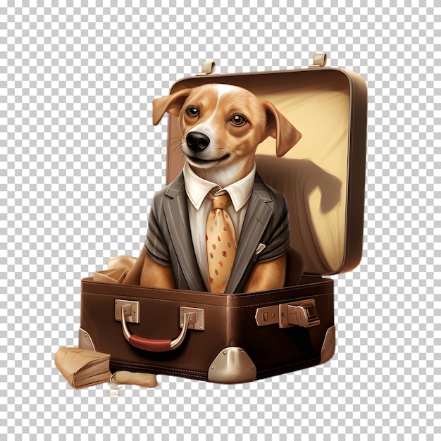PSD 透明な背景に隔離されたスーツケースに座っている犬