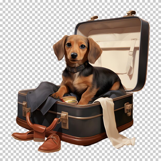 PSD Собака сидит в чемодане, изолированном на прозрачном фоне.
