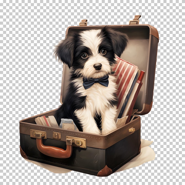 PSD cane seduto in una valigia isolato su uno sfondo trasparente