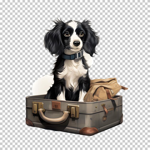 PSD dog sitting in suitcase isolated on transparent background