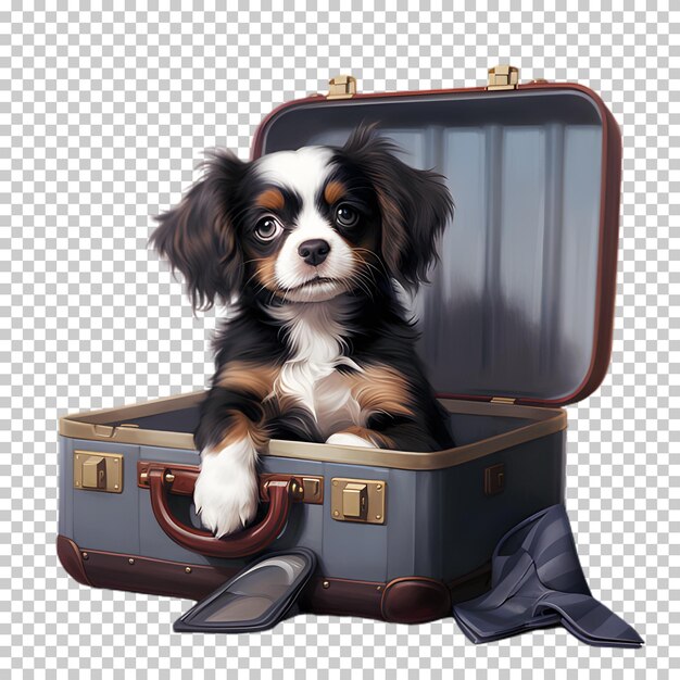 PSD dog sitting in suitcase isolated on transparent background