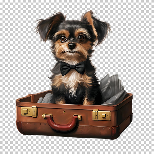 PSD dog sitting in suitcase isolated on transparent background