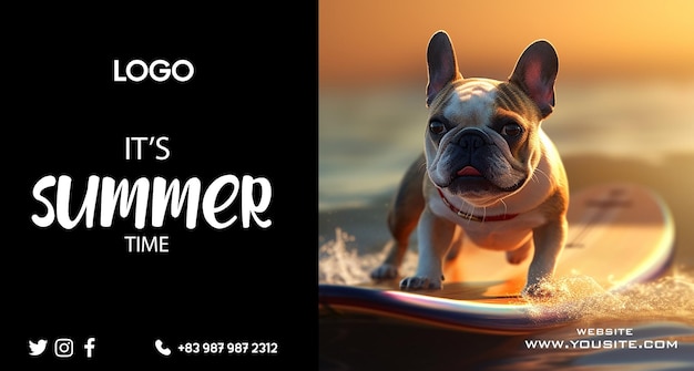 PSD a dog on a surfboard with the words summer on it