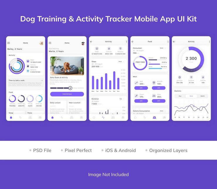 PSD dog training and activity tracker mobile app ui kit
