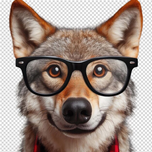 PSD a dog wearing glasses with a red collar and a black rim