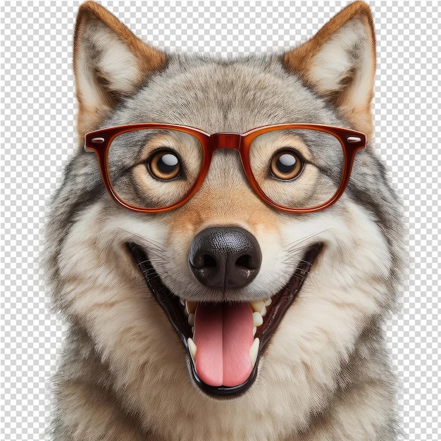 PSD a dog wearing glasses with a red rim and a black nose