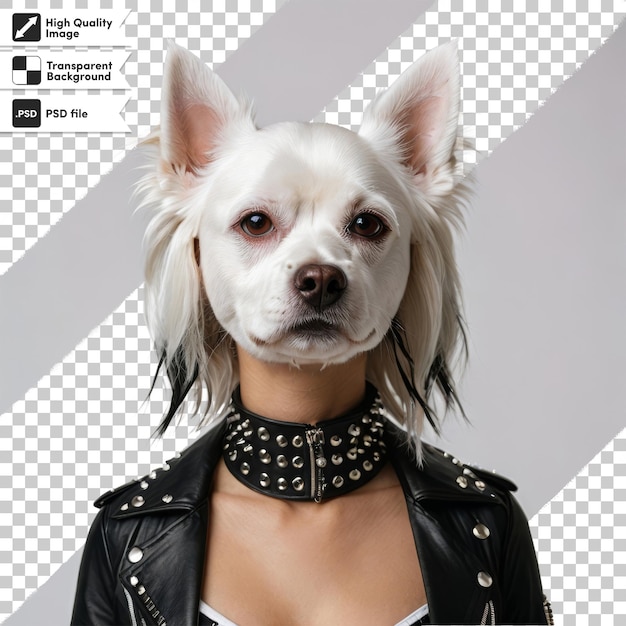 PSD a dog wearing a leather jacket with a black collar that says  dog  on it