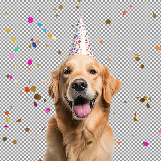 PSD cane che indossa un cappello da festa il concetto di compleanno del giovane cane isolato su uno sfondo bianco