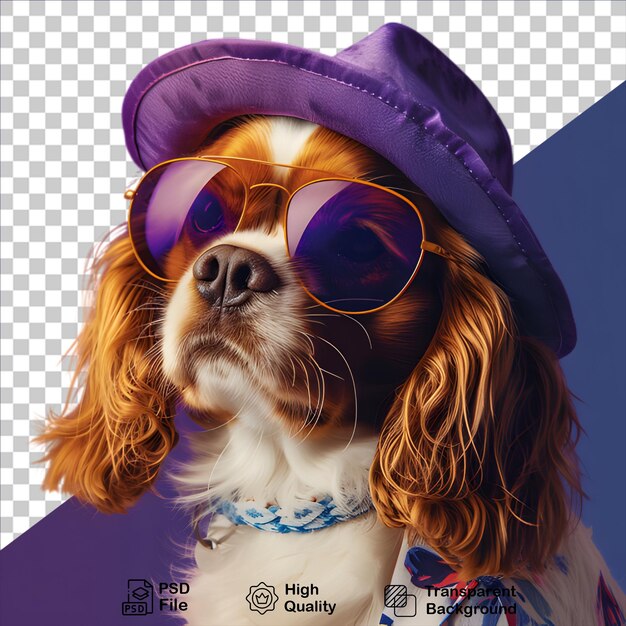 Cane con cappello viola e occhiali isolato su uno sfondo trasparente include file png
