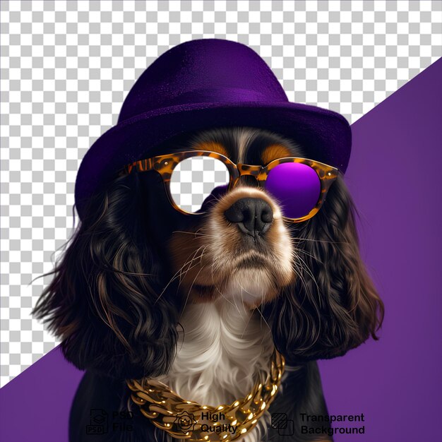 Dog wearing purple hat and glasses isolated on transparent background include png file