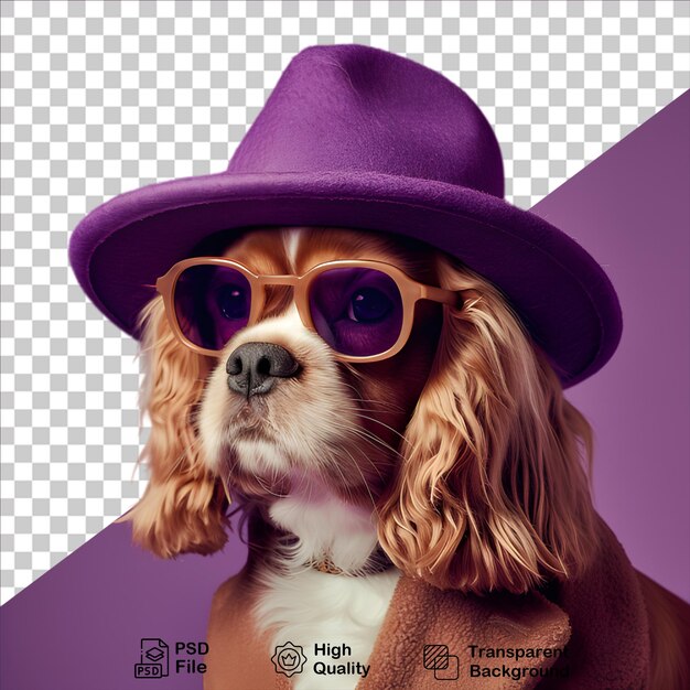 Dog wearing purple hat and glasses isolated on transparent background include png file