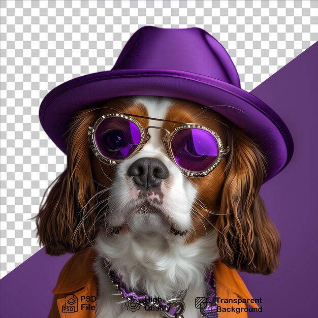 Dog wearing purple hat and glasses isolated on transparent background include png file