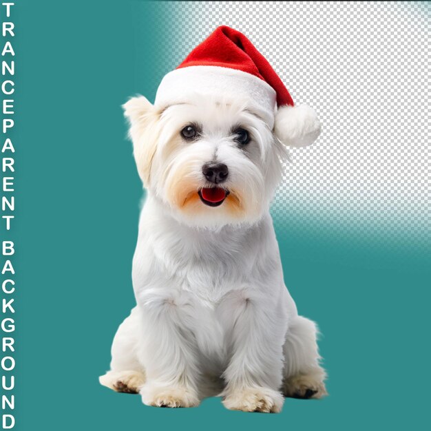 A dog wearing a santa hat sits on a table on transparent background