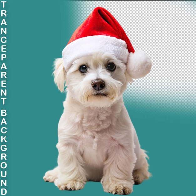 A dog wearing a santa hat sits on a table on transparent background