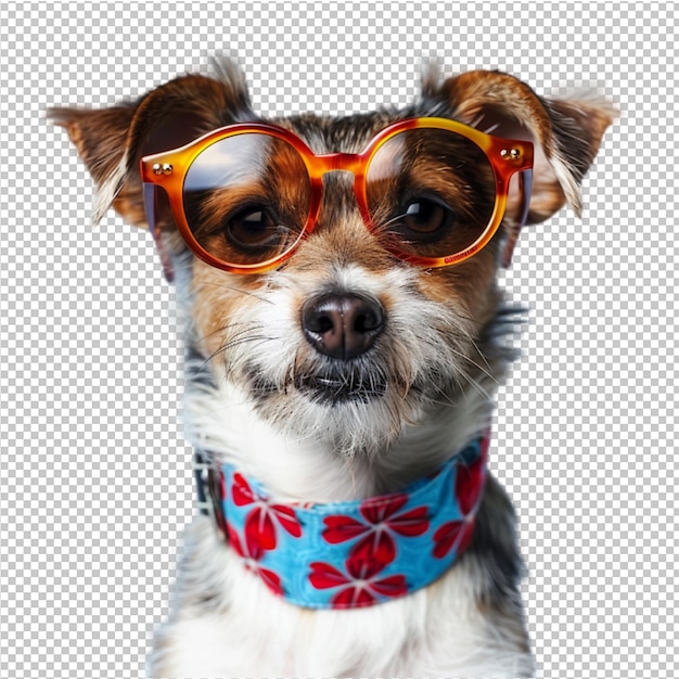 A dog wearing sunglasses with a blue bandana on it