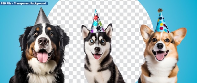 PSD un cane con un cappello di compleanno in un set con cani divertenti che indossano cappelli da festa