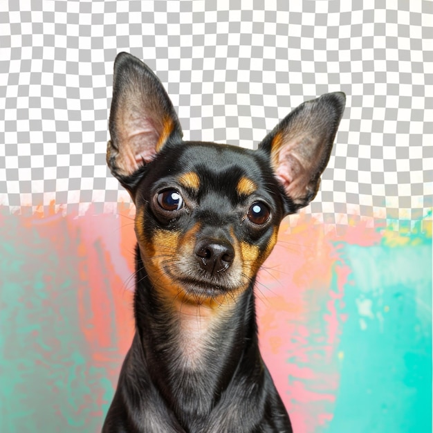 A dog with a black nose and a colorful background