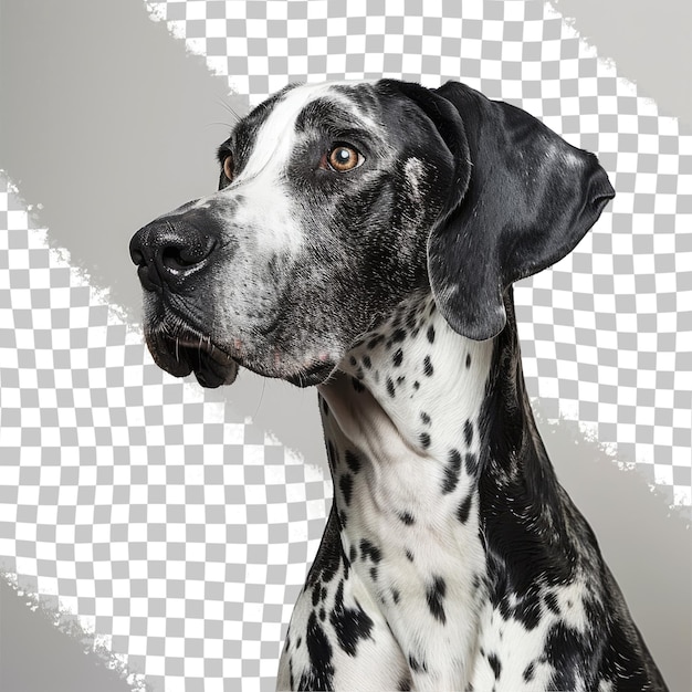 PSD un cane con macchie bianche e nere alza lo sguardo verso la telecamera