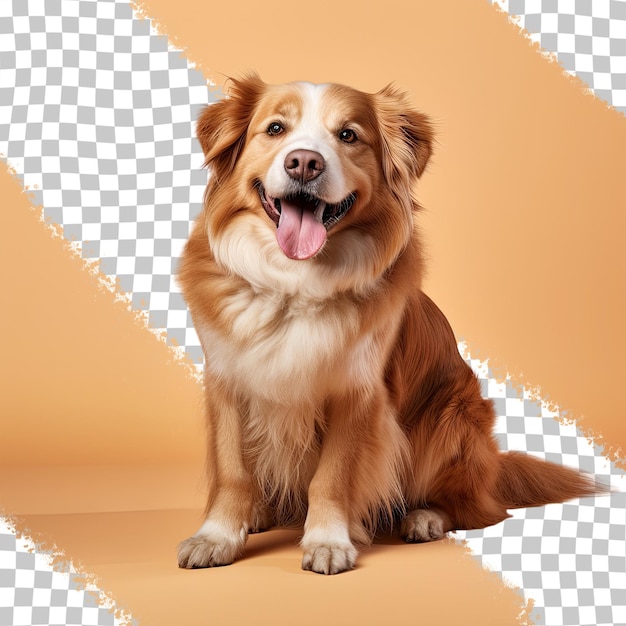A dog with a brown coat and a yellow background