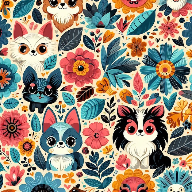 PSD dog with flower background seamless pattern