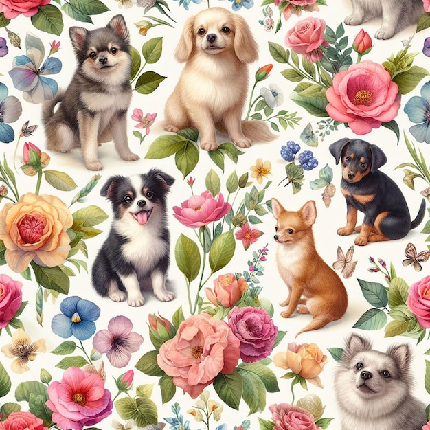 Dog with flower background seamless pattern