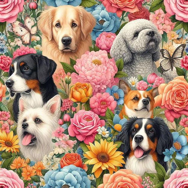 PSD dog with flower background seamless pattern