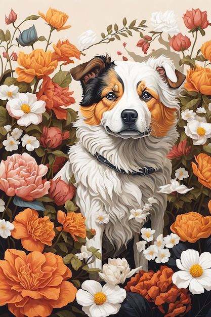 Dog with flowers in the olorful background