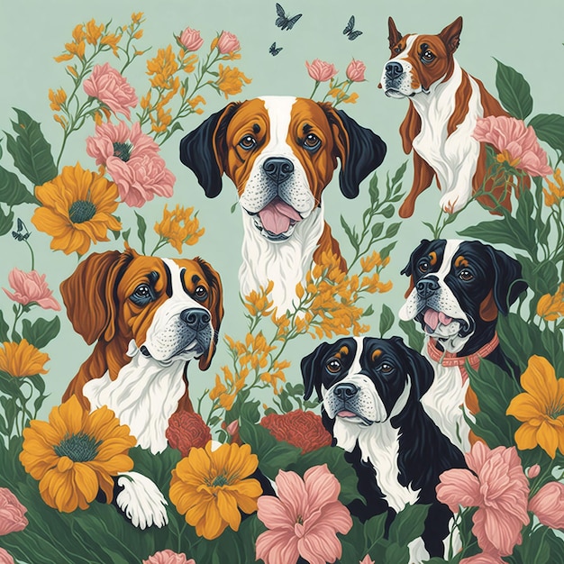 Dog with flowers in the olorful background