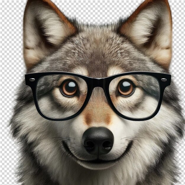 A dog with glasses that has a picture of a wolf on it