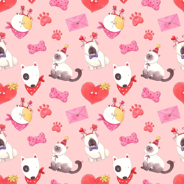 PSD dog with red scarf cat heart with envelope animal footprints handdrawn watercolor seamless pattern