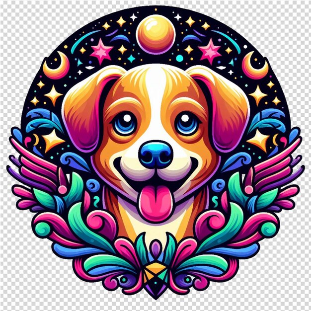 PSD a dog with a round face and a circle of stars on the background