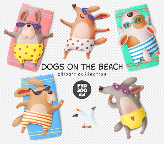 PSD dogs on the beach, funny dogs characters psd clipart