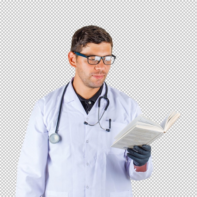 Dokter die een boek leest in een witte medische mantel.