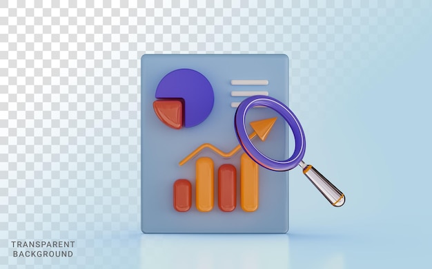 PSD dokument wykres biznesowy diagram kołowy wzrost szkło powiększające dowiedz się polityka marketingowa ikona renderowania 3d