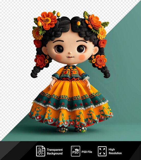 PSD a doll with a flowered dress and a picture of a girl in a yellow dress