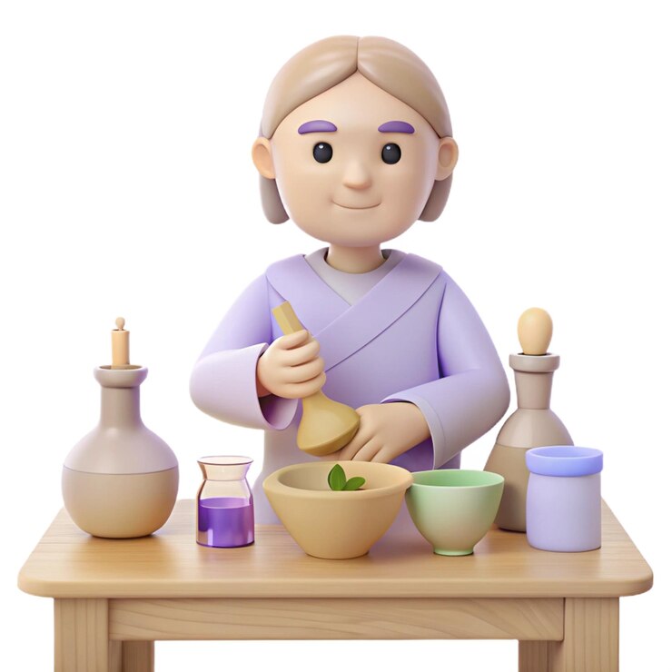 PSD a doll with a purple sweater is sitting at a table with various bowls and bowls