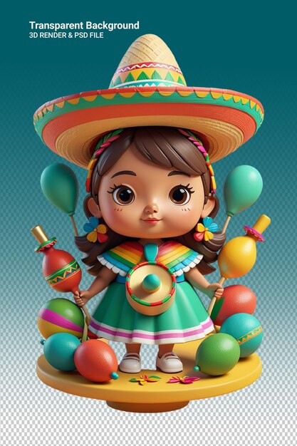 PSD a doll with a sombrero on her head is standing next to a toy