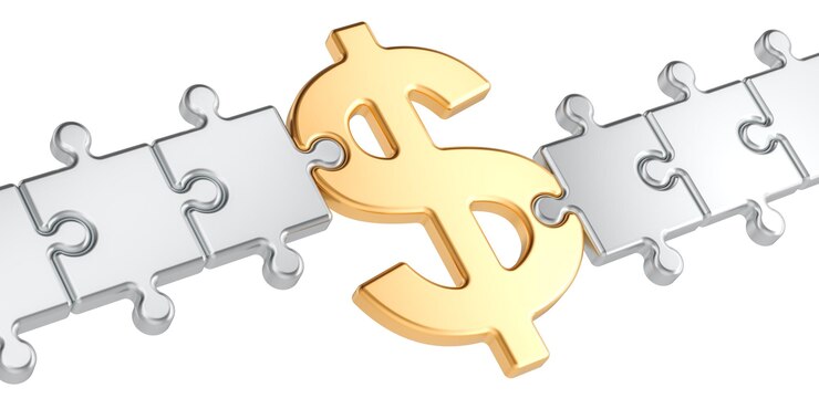 PSD dollar as puzzle bridging finance concept 3d rendering isolated on transparent background