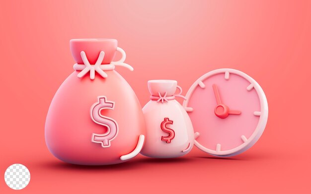 dollar bag with clock sign on red background 3d illustration concept for money grow time history