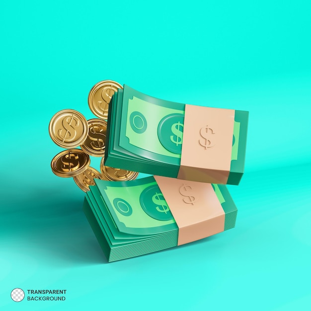 PSD dollar bill and gold coin icon isolated 3d render illustration