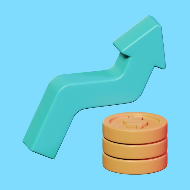 PSD dollar coin stack up with growing arrow for business financial profit 3d icon illustration design