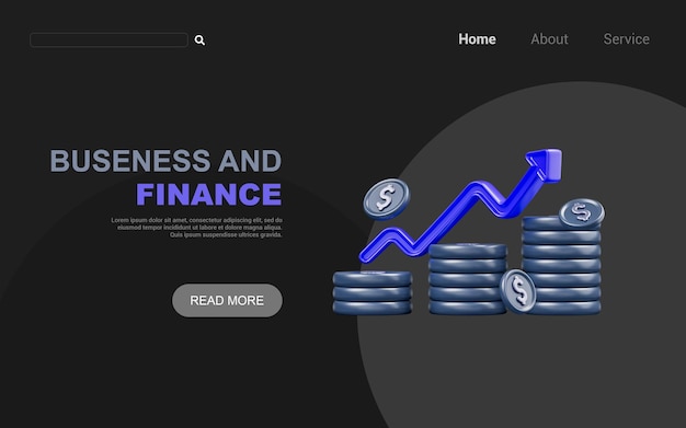 Долларовые монеты со стрелкой вверх на темном фоне 3d визуализация концепции для увеличения прибыли