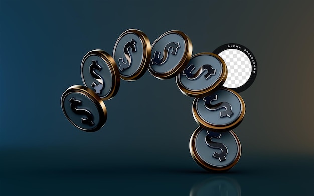 dollar flying coin icon on dark background 3d render concept for currency international market