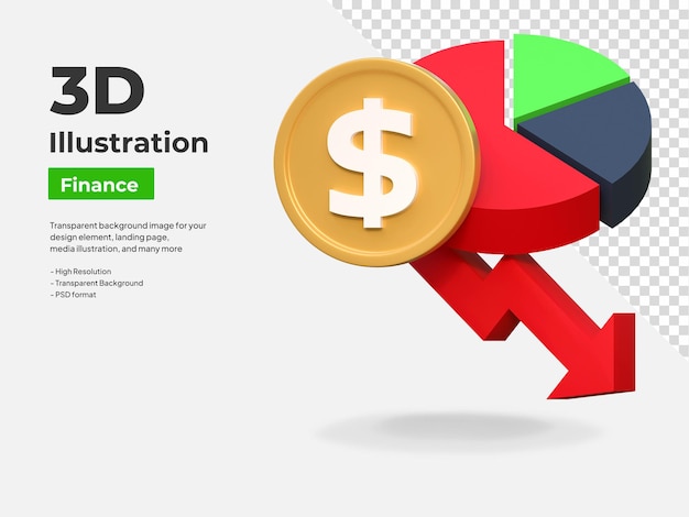 PSD dollar money price down low data statistic finance icon 3d illustration