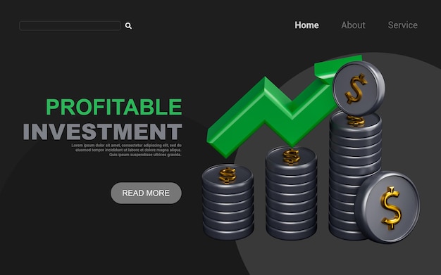 dollar munt met grafiek pijl omhoog teken op donkere achtergrond 3d render concept voor winstgevende investering