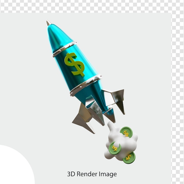 PSD dollar rising high with rocket 3d illustration