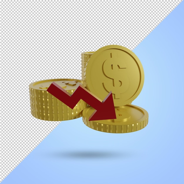 PSD dollar symbol coin with down arrow american currency exchange rate concept falling down 3d renderi