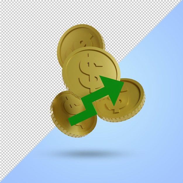 PSD dollar symbol coin with up arrow american currency exchange rate concept is on the rise 3d render