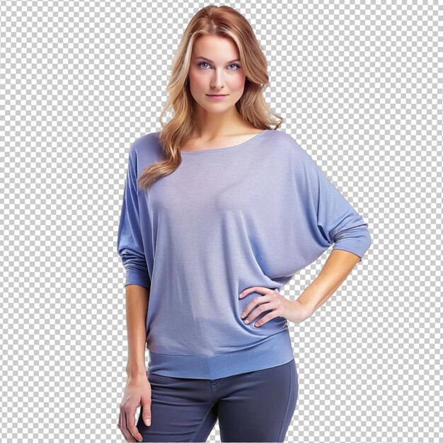 PSD dolman sleeve top woman wearing a periwinkle on transparent background